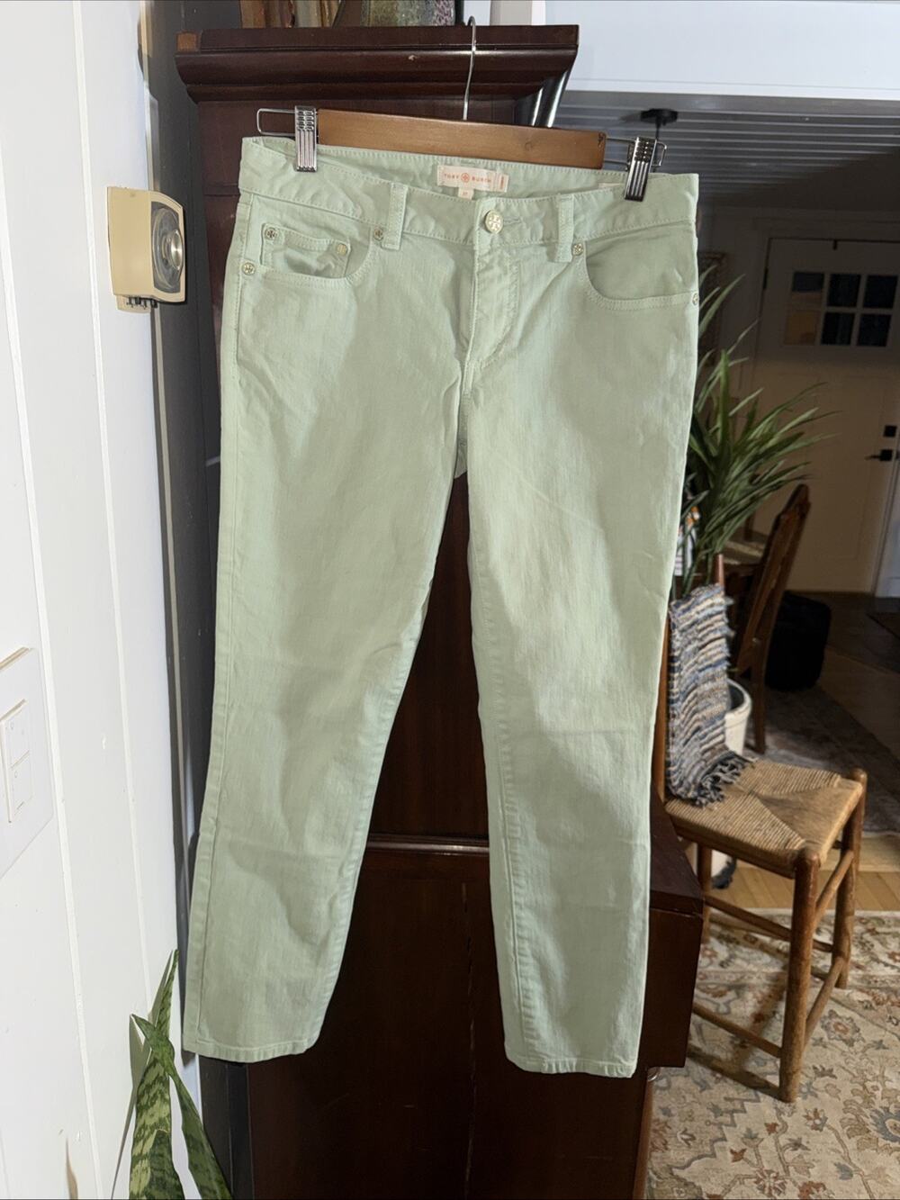 Tory Burch Low Rise Cropped Skinny Jeans Mint Green Women's Sz 27